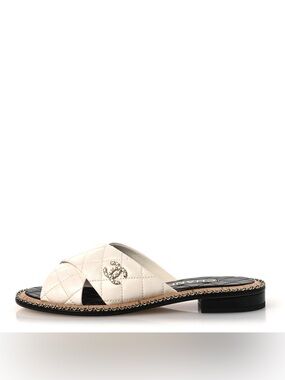 CHANEL Leather Slide Sandals with Chain-Embellished CC